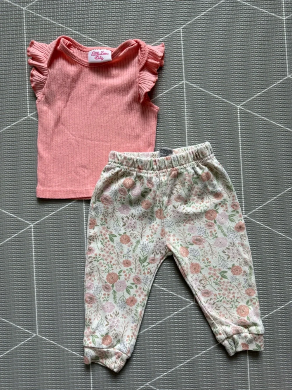 Little Lass|Baby girl spring set,Coral Ribbed Flutter Sleeve Top & Floral Pants• - Picture 2 of 6